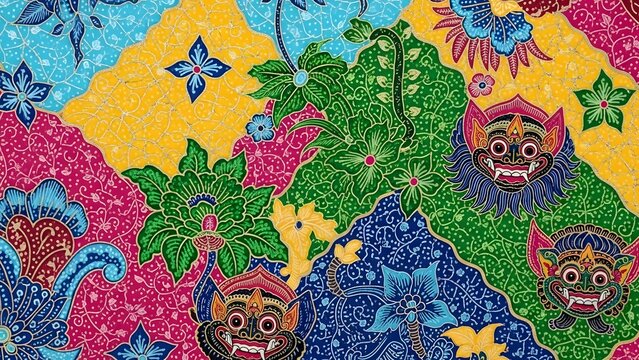 vibrant balinese batik pattern featuring the iconic barong mask, lush green leaves, and colorful floral motifs on a multi-colored mosaic background.