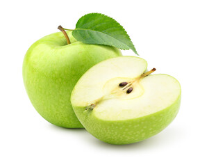 Fresh green apple with half cut isolated on white.