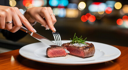 Cutting Cooked Steak on Plate with Fork and Knife