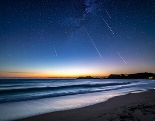 Obraz premium A serene beach scene at dusk with stars and shooting stars