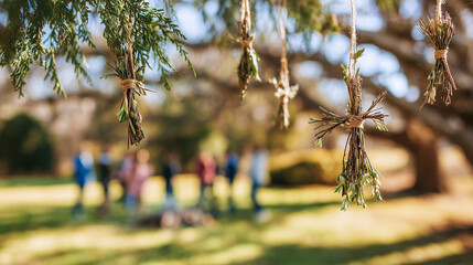 St. Brigid's Day, St Brigid’s Crosses Hanging from Tree Branches During St Brigid’s Day Ritual Symbolizing Protection and Irish Seasonal Renewal
