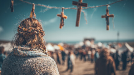 St. Brigid's Day, Straw Crosses Hung Outdoors During St Brigid’s Day Ritual Representing Protection Renewal and Ancient Irish Pagan Christian Traditions