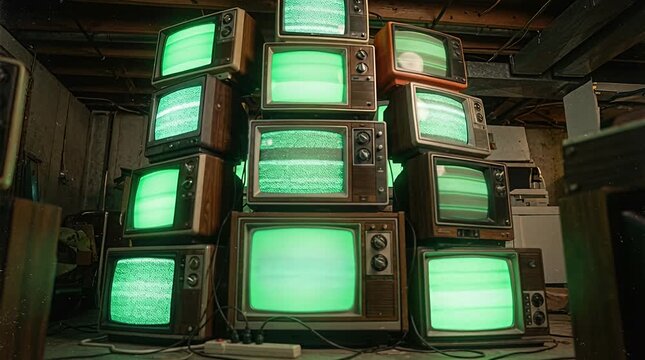 Vintage television screens stacked high showing green static interference signal test pattern, analog tv.