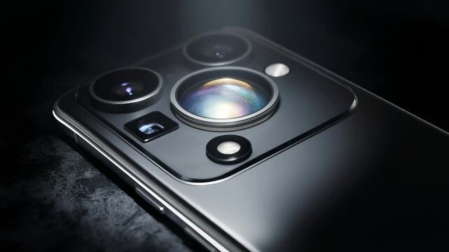 A close-up view of a high-tech phone camera with multiple lenses. The phone is a sleek, modern design and appears to be new technology