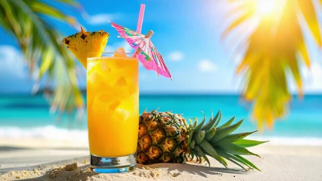 Refreshing tropical pineapple drink on a sunny beach vacation