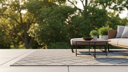 Obraz premium Outdoor patio scene with sofa and table against lush greenery