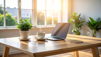 "Bright minimalist home office with wooden desk, laptop, plants, and natural sunlight through large window, serene workspace for productivity and focus"