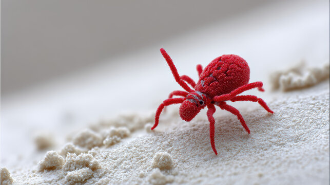 red velvet mite on white sand background close-up