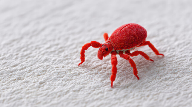 vibrant red velvet mite on white sand background