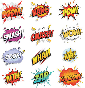 Comic Book Sound Effects Vectors - Boom Bang Pow Smash Wham Zap Kaboom Wow Oof Crash Explosions Set
