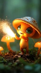 Whimsical mushroom creature in forest.