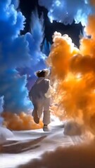 Dramatic scene of a person walking through smoke.