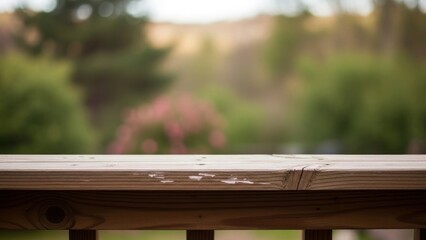 Fototapeta premium Wooden deck railing with blurred green foliage in background outdoors