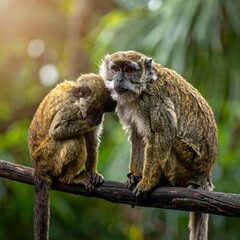 Obraz premium Two monkeys perched on a branch, one grooming the other, against a blurred leafy background