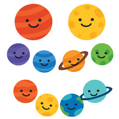 Fototapeta premium Cute Cosmic Planets Forming a Smiley Face Shape, Whimsical Galaxy Vector Art Illustration Isolated on White.