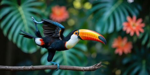 Obraz premium Colorful toucan bird with large beak perched on tropical branch in lush jungle garden with green leaves and orange flowers