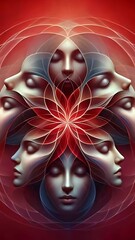 Surreal faces in a mandala pattern.