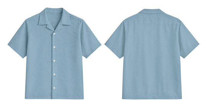 Blank Baby Blue Short Sleeve Camp Collar Shirt Mockup Front and Back Views Isolated on White