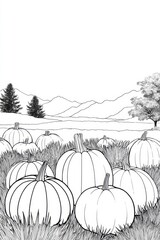 a field of pumpkins and hay bales, a coloring page for adults, with thick lines and a black outline only, no shading, on a white background.