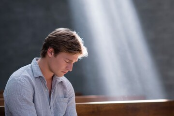 a man sits on the church pew with his head in his hands, crying, in a dark room, with rays of light streaming in from the window.