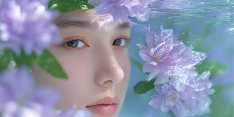 a serene underwater scene with an ethereal woman face and the delicate beauty of blooming flowers, surrounded by shimmering water in pastel hues.