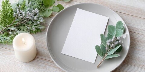 card mockup on a plate, with christmas decorations around it, a candle, and a green color theme, on a light wooden table background