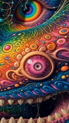 Vibrant colorful monster face close-up illustration.