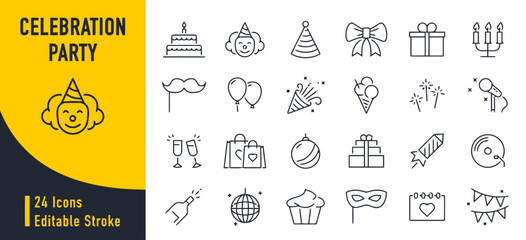 Naklejka premium Celebration party icons set representing festive events cakes gifts balloons and fun editable stroke vector
