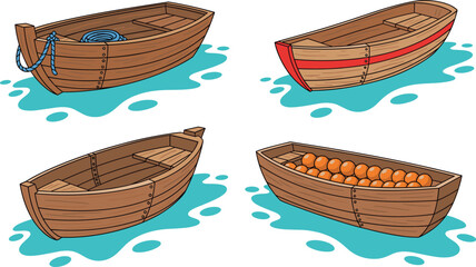 Wooden rowboats floating on calm stylized water, rustic vessels with ropes, buoys, and painted details for nautical stock photography © Joyaber's World