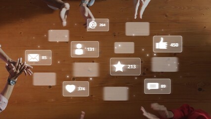 A vibrant scene showing hands interacting with digital social media notifications and icons on a...