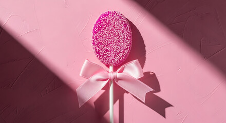 pink egg lollipop with sprinkles and pink bow textured background diagonal shadows ideal for easter and spring sweets.