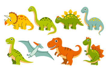 Naklejka premium Cute cartoon dinosaurs collection diverse prehistoric creatures in bright colors isolated on transparent background