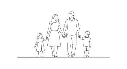 family of four walking hand in hand a simple line art illustration depicting togetherness unity and strong bonds ideal for parenting designs.