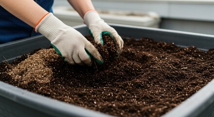 Gardener's Hands Mixing Soil in Gray Container, Preparing for Planting, Close-Up View