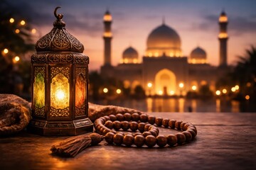 Ramadan Night Scene with Lantern, Tasbih, and Mosque