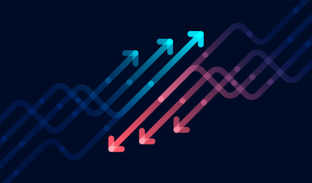 Glowing arrows moving upward and downward over smooth flowing lines on dark background