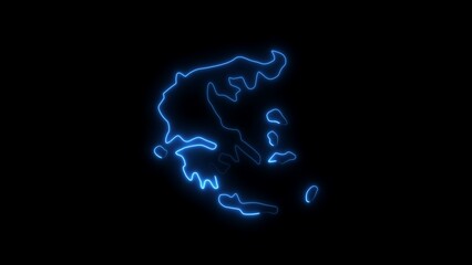 Fototapeta premium Bright blue neon outline map of Greece illuminated against a black void glowing