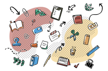 Colorful Hand Drawn Office Supplies and Stationery Illustration Set