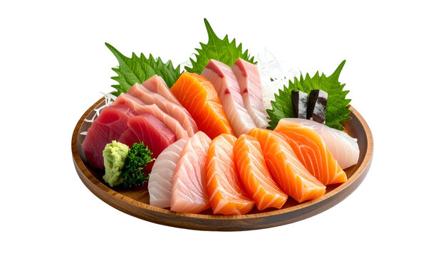 A wooden plate showcases artful sashimi slices tuna, salmon, whitefish, and a touch of wasabi and garnish. A culinary delight
