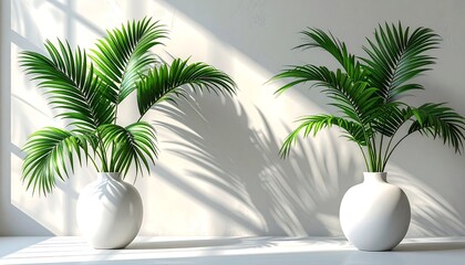 Two areca palm plants in white, bulbous vases sit in sunlight against a white wall