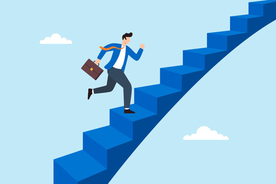 Flat illustration of businessman climbing upward stairs toward sky symbolizing career growth step progress ambition personal development promotion success journey and reaching higher goals