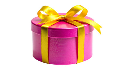 Obraz premium A vibrant, round gift box in magenta is topped with a large, golden yellow bow, ribbons gracefully flowing