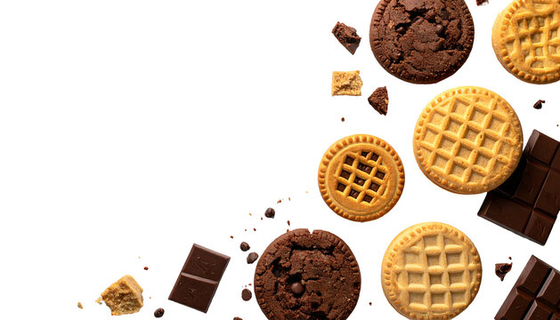 Assortment of cookies and chocolate pieces arranged on a stark black background, showcasing various textures