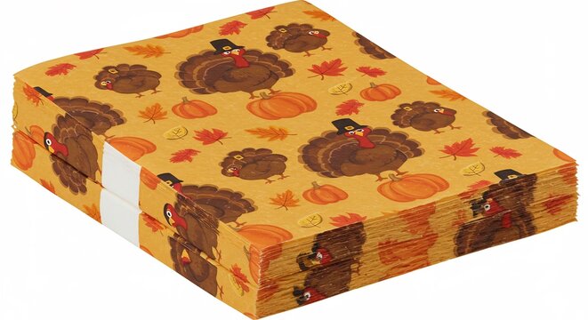 Thanksgiving Turkey and Pumpkin Napkins Stacked on White Background.