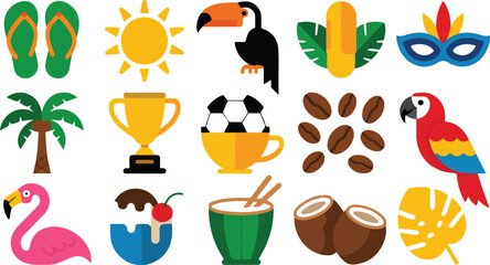 Brazil Carnival & Summer Travel Outline Icon Set  Tropical Animals, Festival, and Beach Culture