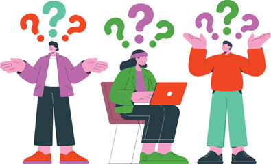 Obraz premium Business Confusion & Help Center Outline Icon Set Diverse People Shrugging with Question Marks