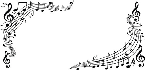 Musical notes and symbols forming a decorative frame from top left to bottom right