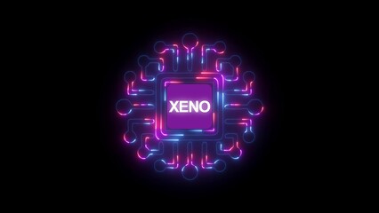 Neon glowing circuit board with XENO text in the center against a black background technology digital