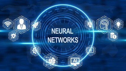 Obraz premium Neural Networks Concept with Icons Representing AI and Data Processing artificial intelligence machine learning