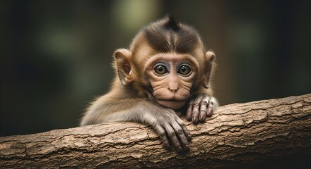 A baby monkey perches on a tree branch, gazing curiously at the viewer with a close-up facial expression